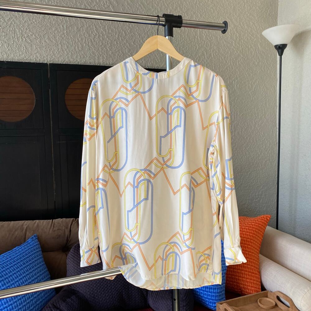 Vintage La Vaux Silk Blouse Top Pastel Design 80s Retro Long Sleeve Medium